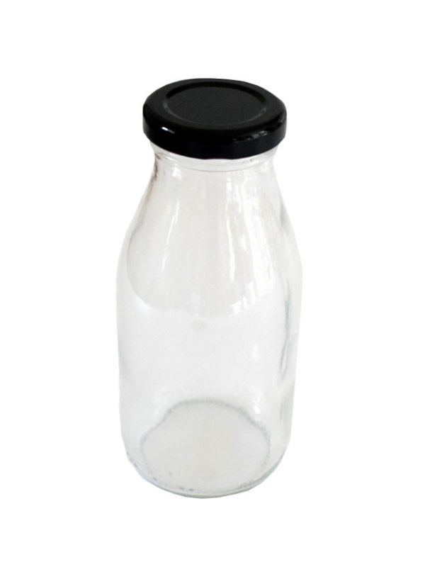 Glass Milk Bottle 250ml (x128) Black lids | Drinks Bottles | Glass